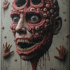 Puede incluir: Una obra de arte grotesca y surrealista que presenta un rostro humanoide con m&uacute;ltiples ojos y bocas abiertas. El rostro es de color rojo carnoso, con una textura inquietante. Varias manos separadas y globos oculares individuales est&aacute;n dispersos alrededor de la figura central.