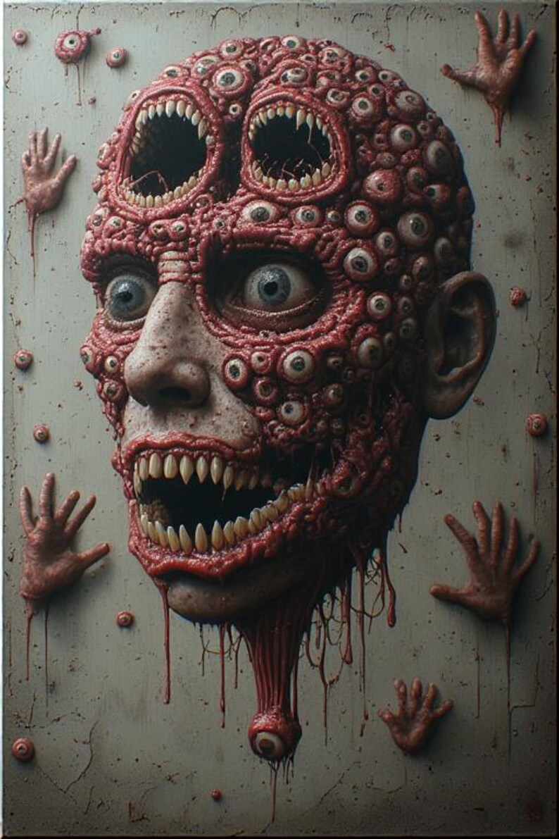 Puede incluir: Una obra de arte grotesca y surrealista que presenta un rostro humanoide con m&uacute;ltiples ojos y bocas abiertas. El rostro es de color rojo carnoso, con una textura inquietante. Varias manos separadas y globos oculares individuales est&aacute;n dispersos alrededor de la figura central.