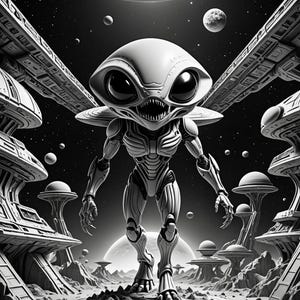 Pu&ograve; includere: Illustrazione in bianco e nero di un alieno con grandi occhi e un sorriso minaccioso, in piedi su una piattaforma circolare. L'alieno &egrave; circondato da strutture futuristiche e pianeti, su uno sfondo stellato.