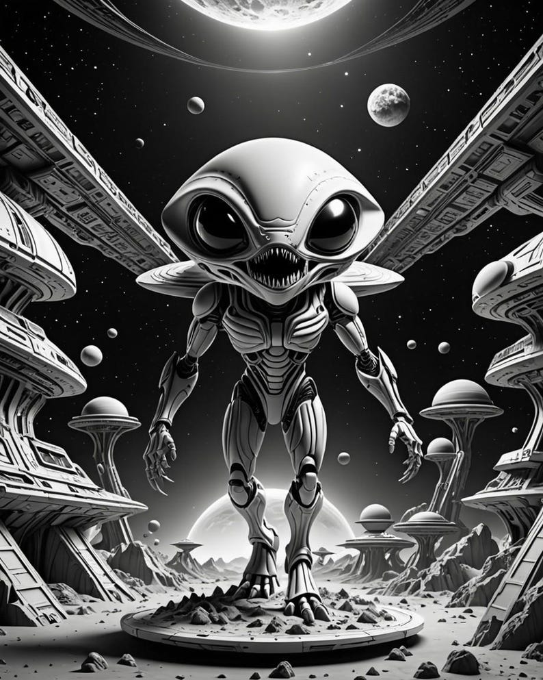 Pu&ograve; includere: Illustrazione in bianco e nero di un alieno con grandi occhi e un sorriso minaccioso, in piedi su una piattaforma circolare. L'alieno &egrave; circondato da strutture futuristiche e pianeti, su uno sfondo stellato.