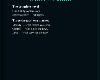 Może przedstawiać: Grafika na ciemnym tle z turkusowym nagłówkiem WHAT'S INSIDE. Wymienia The complete novel, pełną dystopijną historię na 48 stronach. Zawiera również Three threads, one market: Identity, Control oraz Love, wraz z krótkimi opisami.