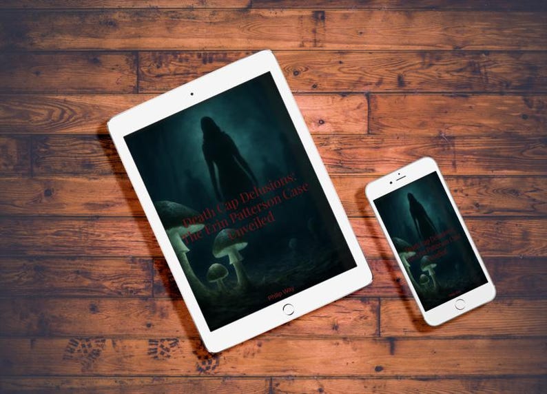 May include: A white tablet and a white smartphone displaying a digital book cover titled Death Cap Delusions: The Erin Patterson Case Unveiled. The cover art features a dark, silhouetted figure standing in a forest with glowing mushrooms.