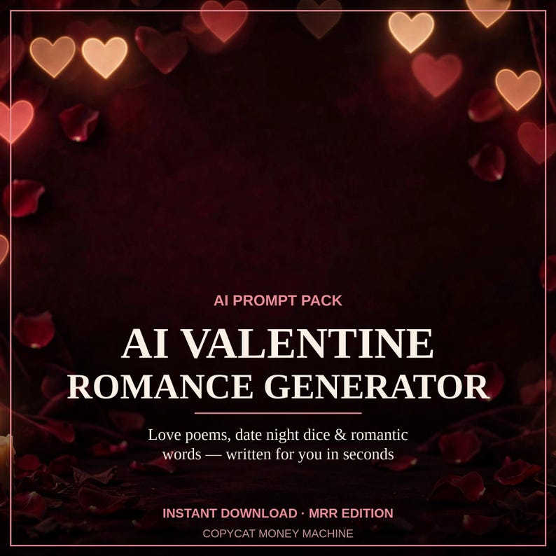 K&ouml;nnte beinhalten: Eine digitale Produktgrafik mit dem Titel AI PROMPT PACK AI VALENTINE ROMANCE GENERATOR. Der Text enth&auml;lt Love poems, date night dice & romantic words &mdash; written for you in seconds, INSTANT DOWNLOAD, MRR EDITION und COPYCAT MONEY MACHINE.