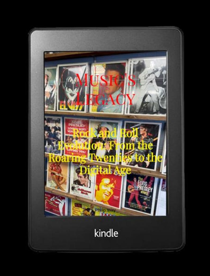 K&ouml;nnte beinhalten: Ein schwarzer Kindle-E-Reader, der das digitale Cover eines Buches mit dem Titel "Music's Legacy: Rock and Roll Evolution From the Roaring Twenties to the Digital Age" anzeigt. Das Cover zeigt Albumcover.