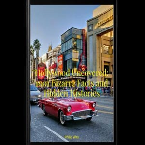 Puede incluir: Un smartphone muestra la portada del libro "Hollywood Uncovered: 1001 Bizarre Facts and Hidden Histories". La imagen presenta un coche rojo cl&aacute;sico frente a una calle de Hollywood.