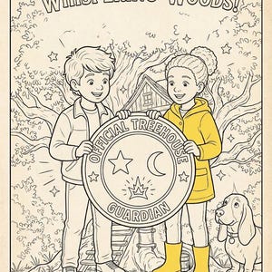 Puede incluir: Una p&aacute;gina para colorear titulada Official Guardians of Whispering Woods que muestra a dos ni&ntilde;os sosteniendo una insignia circular con el texto Official Treehouse Guardian, una estrella, una luna y una corona. Un perro est&aacute; presente.