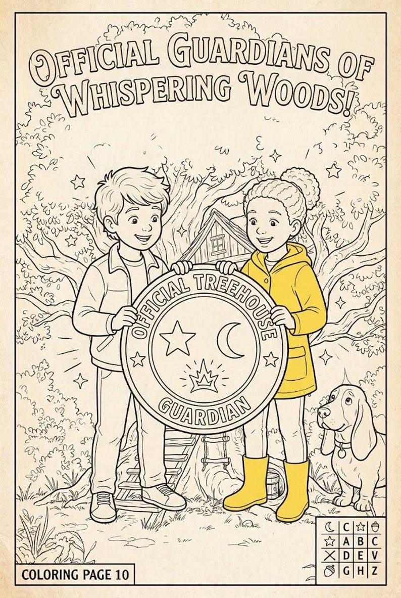 Puede incluir: Una p&aacute;gina para colorear titulada Official Guardians of Whispering Woods que muestra a dos ni&ntilde;os sosteniendo una insignia circular con el texto Official Treehouse Guardian, una estrella, una luna y una corona. Un perro est&aacute; presente.