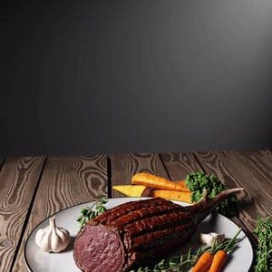 May include: A cooked ribeye steak with the bone in, presented on a white plate with fresh vegetables. The plate includes carrots, garlic, and herbs. The steak is a deep brown colour with a pink interior, set on a wooden table.