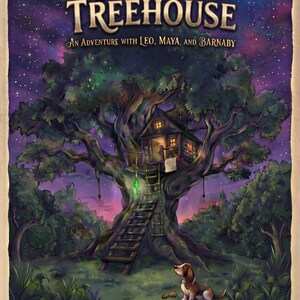 Puede incluir: Una portada de libro titulada The Mystery of the Midnight Treehouse: An Adventure with Leo, Maya, and Barnaby por Philip Way. Muestra un gran &aacute;rbol con una casa iluminada, una llave verde brillante y un perro en el suelo.