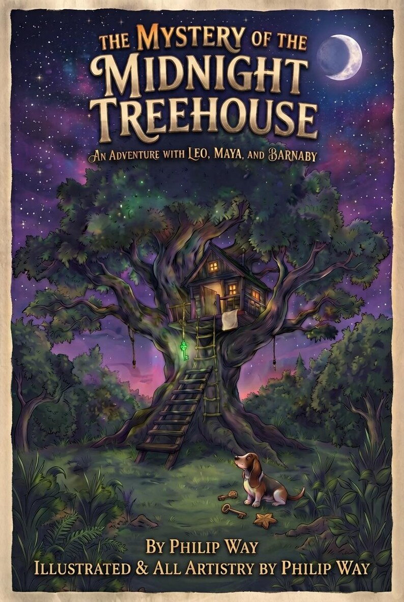 Puede incluir: Una portada de libro titulada The Mystery of the Midnight Treehouse: An Adventure with Leo, Maya, and Barnaby por Philip Way. Muestra un gran &aacute;rbol con una casa iluminada, una llave verde brillante y un perro en el suelo.