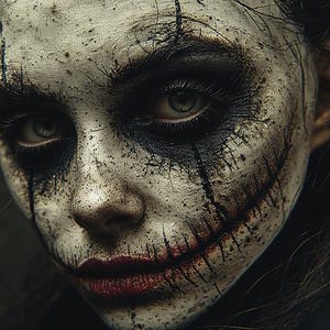 May include: A close-up of a face with dramatic makeup. The skin is pale with dark eye makeup and red, stitched lines around the mouth. The overall effect is a spooky, unsettling look, suitable for Halloween or costume events.