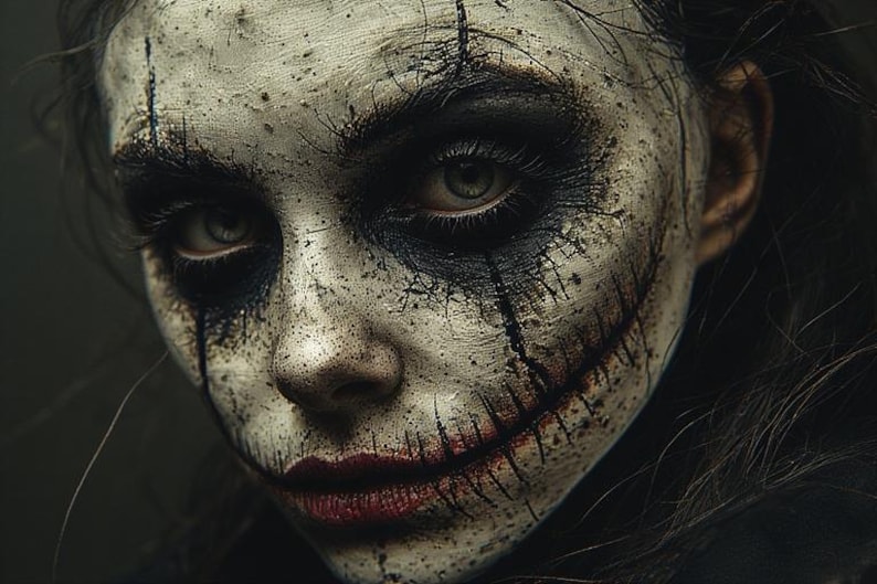 May include: A close-up of a face with dramatic makeup. The skin is pale with dark eye makeup and red, stitched lines around the mouth. The overall effect is a spooky, unsettling look, suitable for Halloween or costume events.