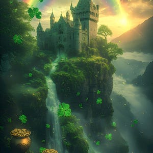 Puede incluir: Ilustraci&oacute;n digital de un castillo sobre un acantilado, con una cascada. Un arco&iacute;ris se arquea sobre el castillo, y tr&eacute;boles verdes flotan en el aire. Dos ollas de oro se encuentran al pie del acantilado, evocando el D&iacute;a de San Patricio.