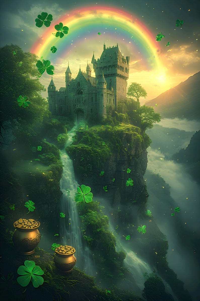 Puede incluir: Ilustraci&oacute;n digital de un castillo sobre un acantilado, con una cascada. Un arco&iacute;ris se arquea sobre el castillo, y tr&eacute;boles verdes flotan en el aire. Dos ollas de oro se encuentran al pie del acantilado, evocando el D&iacute;a de San Patricio.