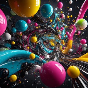Pu&ograve; includere: Opera d'arte digitale astratta con una composizione dinamica di colori vivaci. Sfere rosa, gialle e turchese fluttuano in mezzo a linee nere e argentate vorticose, con spruzzi di vernice rosa e gialla.