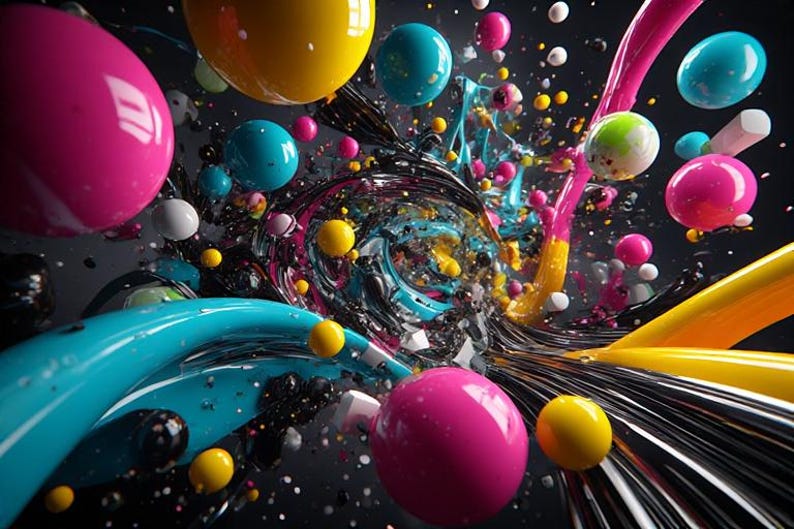 Pu&ograve; includere: Opera d'arte digitale astratta con una composizione dinamica di colori vivaci. Sfere rosa, gialle e turchese fluttuano in mezzo a linee nere e argentate vorticose, con spruzzi di vernice rosa e gialla.