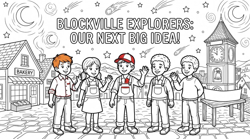 Puede incluir: Una p&aacute;gina para colorear en blanco y negro titulada BLOCKVILLE EXPLORERS: OUR NEXT BIG IDEA! con cinco ni&ntilde;os en una plaza con una panader&iacute;a y una torre de reloj. Un ni&ntilde;o tiene el pelo naranja y camisa roja, otro lleva una gorra roja y blanca.
