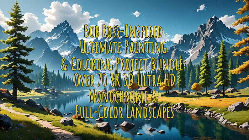 May include: A digital illustration of a mountain landscape with a lake and trees. The text "BOB ROSS-INSPIRED ULTIMATE PAINTING & COLORING PROJECT BUNDLE: OVER 70 8K 3D ULTRA HD MONOCHROME & FULL-COLOR LANDSCAPES" is superimposed on the image.