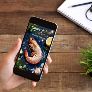 May include: A smartphone displays the cover of a cookbook titled "Savory Shrimp Creations." The cover features a vibrant shrimp, lemon slices, and garlic cloves on a blue background. The phone is held against a wooden surface, with a notepad, glasses, and a small plant in the background.