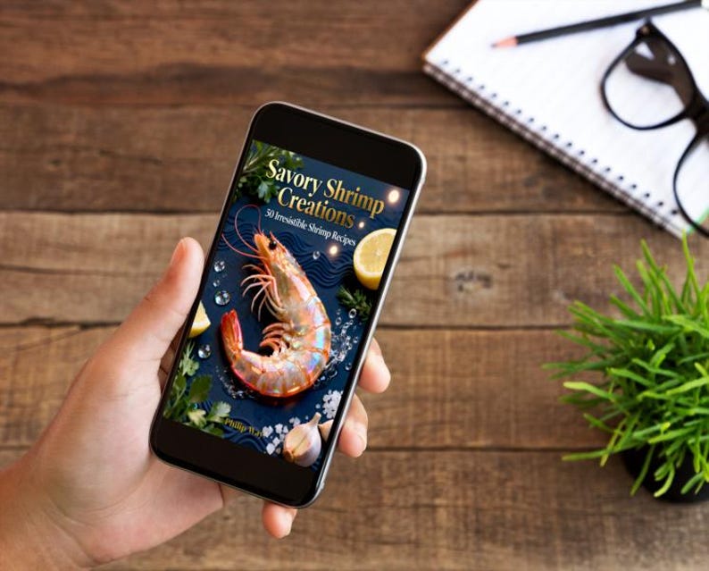 May include: A smartphone displays the cover of a cookbook titled "Savory Shrimp Creations." The cover features a vibrant shrimp, lemon slices, and garlic cloves on a blue background. The phone is held against a wooden surface, with a notepad, glasses, and a small plant in the background.