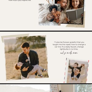 Puede incluir: Un collage digital que presenta varias fotograf&iacute;as de padres e hijos, con superposiciones de texto que incluyen 'MY LOVING Dad' y 'I'll also be forever grateful that you taught me the ropes'. El dise&ntilde;o incorpora bordes de papel rasgado y una interfaz de tel&eacute;fono.