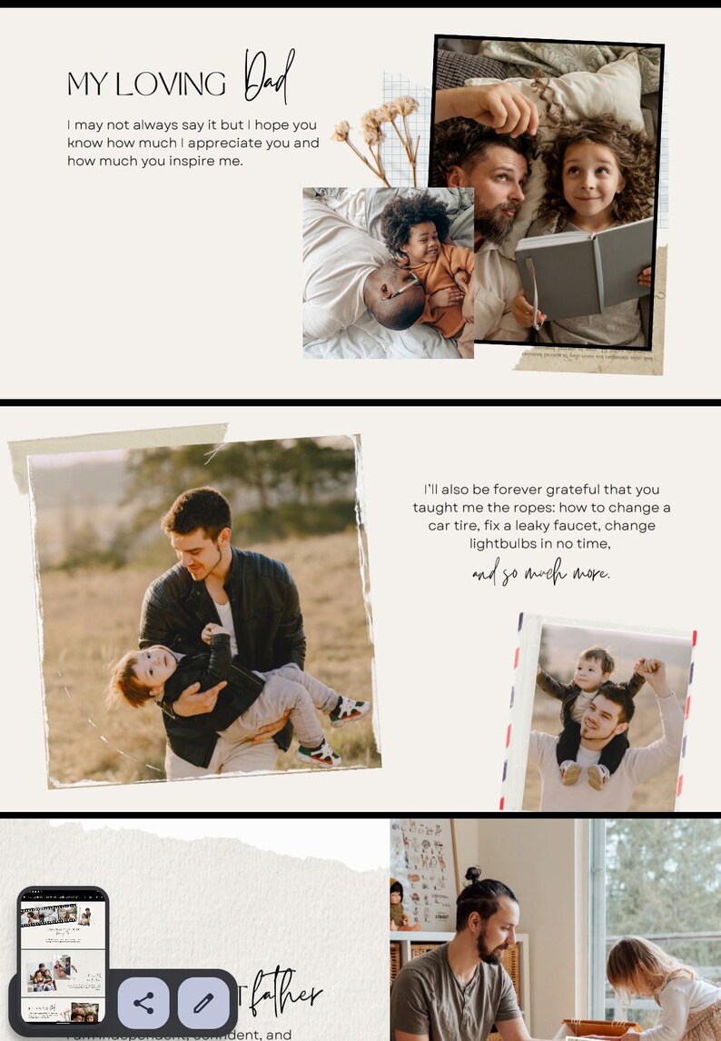 Puede incluir: Un collage digital que presenta varias fotograf&iacute;as de padres e hijos, con superposiciones de texto que incluyen 'MY LOVING Dad' y 'I'll also be forever grateful that you taught me the ropes'. El dise&ntilde;o incorpora bordes de papel rasgado y una interfaz de tel&eacute;fono.