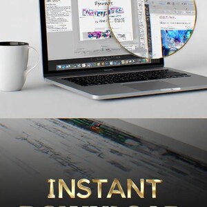 May include: A silver laptop displays a document with text and graphics, magnified by a circular lens. A white mug with a black interior sits to the left. The bottom of the image features the words "INSTANT DOWNLOAD" in gold lettering.