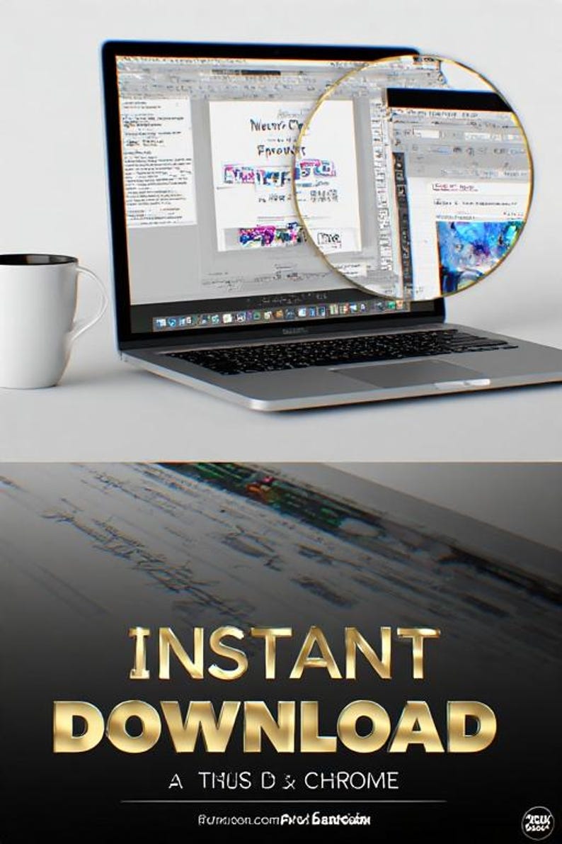 May include: A silver laptop displays a document with text and graphics, magnified by a circular lens. A white mug with a black interior sits to the left. The bottom of the image features the words "INSTANT DOWNLOAD" in gold lettering.