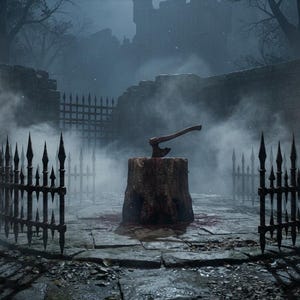 May include: A metal axe with a wooden handle embedded in a thick, weathered wooden tree stump. The stump sits centrally within a circular, pointed black iron fence, surrounded by thick grey fog and dark, stone-walled castle grounds.