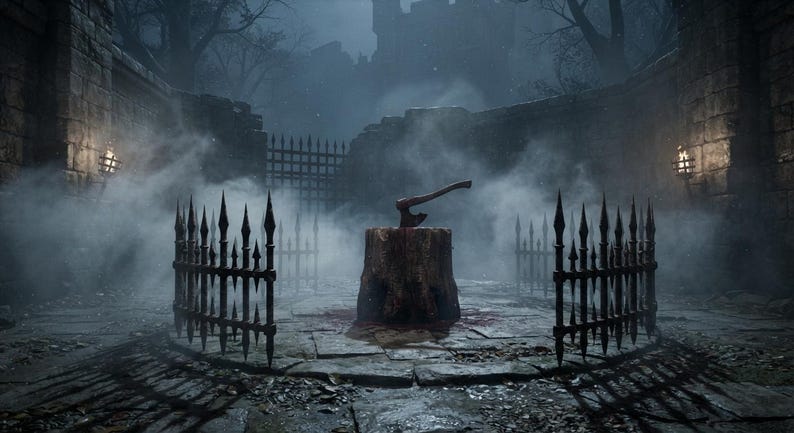 May include: A metal axe with a wooden handle embedded in a thick, weathered wooden tree stump. The stump sits centrally within a circular, pointed black iron fence, surrounded by thick grey fog and dark, stone-walled castle grounds.