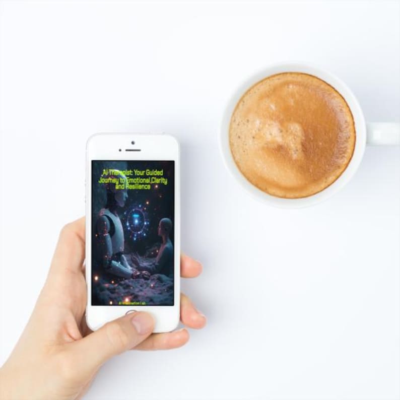 May include: A white smartphone displays a book cover with the title "AI Therapist: Your Guided Journey to Emotional Clarity and Resilience." A cup of coffee with a foamy top sits to the right. The background is white.