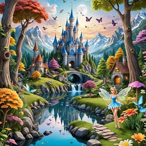 May include: A whimsical illustration of a blue castle nestled in a lush green forest with a flowing river and a fairy with wings standing on a stone path. The scene is filled with colourful flowers and butterflies.