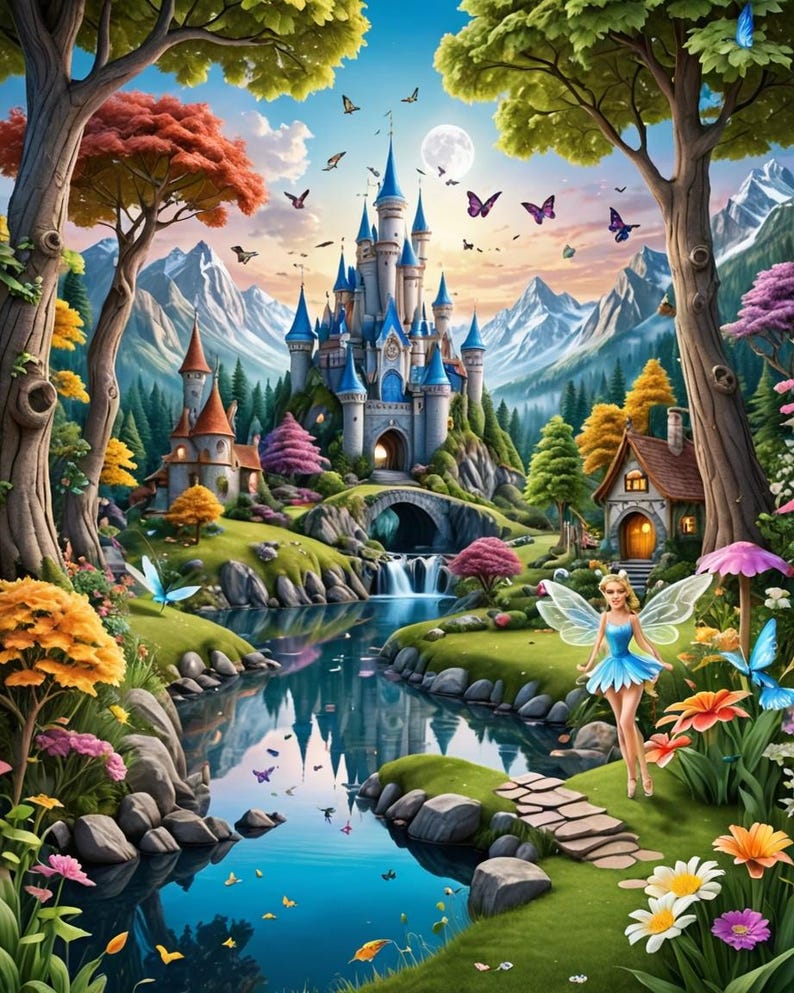 May include: A whimsical illustration of a blue castle nestled in a lush green forest with a flowing river and a fairy with wings standing on a stone path. The scene is filled with colourful flowers and butterflies.