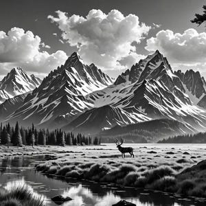 May include: A black and white photograph of a mountain range with a single elk standing in the foreground. The elk is facing the mountains and the water in the foreground. The mountains are covered in snow and the sky is cloudy.
