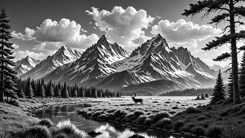 May include: A black and white photograph of a mountain range with a single elk standing in the foreground. The elk is facing the mountains and the water in the foreground. The mountains are covered in snow and the sky is cloudy.