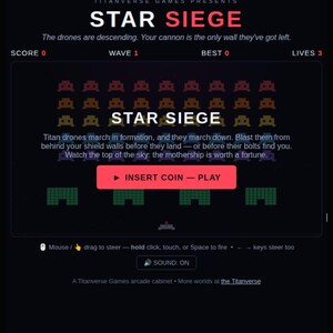 May include: A digital arcade game interface titled Star Siege featuring rows of pixelated red and yellow alien drones, a central play button, and game statistics including score, wave, best, and lives displayed on a dark background.
