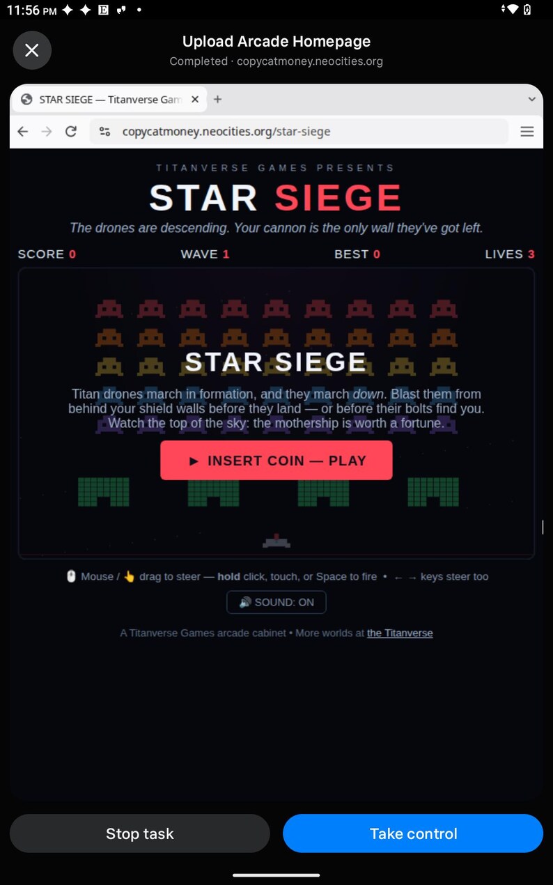 May include: A digital arcade game interface titled Star Siege featuring rows of pixelated red and yellow alien drones, a central play button, and game statistics including score, wave, best, and lives displayed on a dark background.
