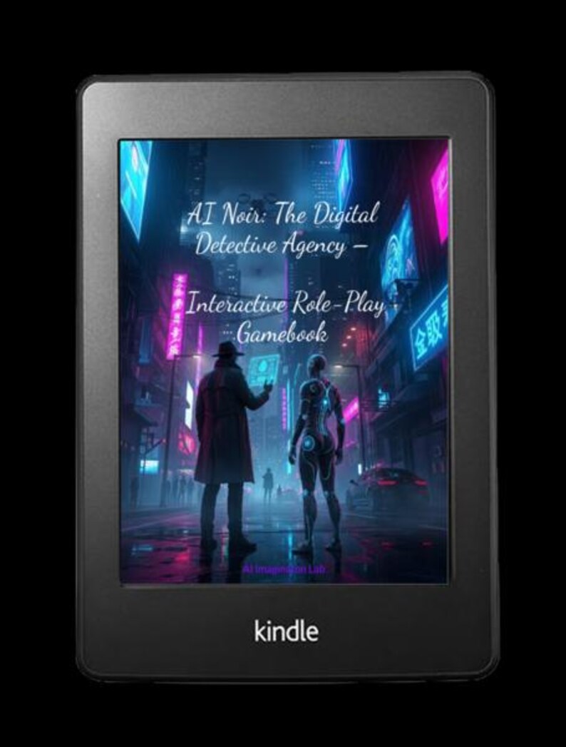 以下が含まれることがあります： 「AI Noir: The Digital Detective Agency - Interactive Role-Play Gamebook」の表紙が表示された黒いKindle電子書籍リーダー。表紙には、2人の人物がいる未来的な都市の風景が描かれています。