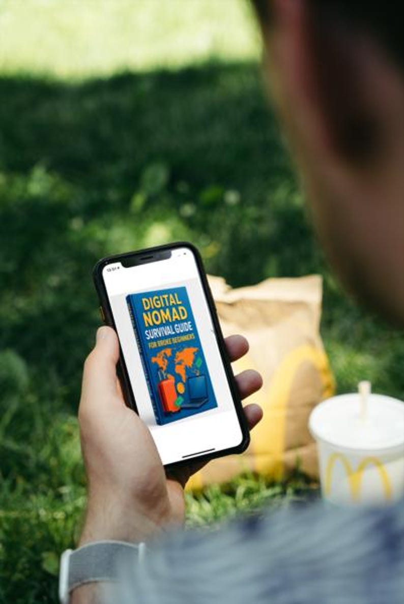 Op de afbeelding: Een smartphone toont de omslag van een boek met de titel "DIGITAL NOMAD SURVIVAL GUIDE FOR BROKE BEGINNERS". De omslag toont een wereldkaart, een koffer en een laptop. De telefoon wordt vastgehouden tegen een groene gras achtergrond, met een fastfoodmaaltijd op de achtergrond.