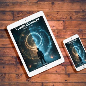 May include: A white tablet and smartphone displaying the cover of "Code Breaker: A Journey of the Ages" against a blue and orange background. The devices are on a wooden surface.