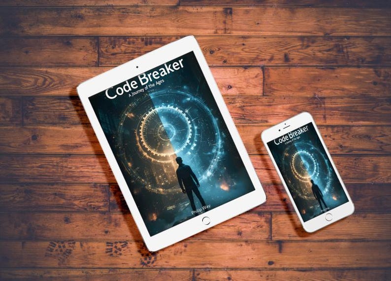 May include: A white tablet and smartphone displaying the cover of "Code Breaker: A Journey of the Ages" against a blue and orange background. The devices are on a wooden surface.