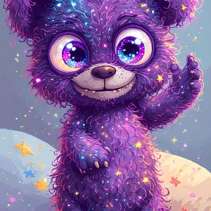 May include: A whimsical illustration of a purple bear-like creature with large, sparkling eyes and a friendly smile. The bear is covered in fluffy fur and adorned with colorful sparkles. It is waving a paw, set against a soft, dreamy background with star accents.