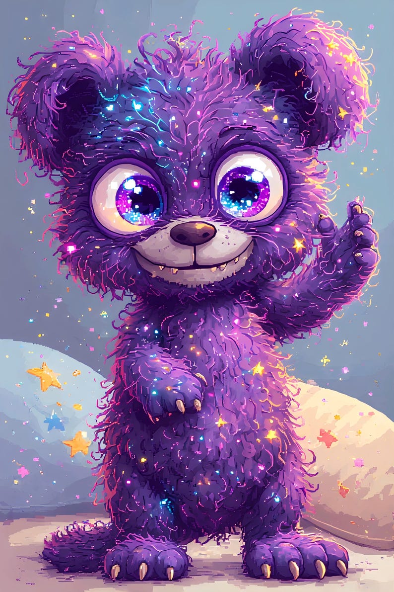 May include: A whimsical illustration of a purple bear-like creature with large, sparkling eyes and a friendly smile. The bear is covered in fluffy fur and adorned with colorful sparkles. It is waving a paw, set against a soft, dreamy background with star accents.