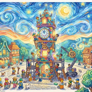 Puede incluir: Una colorida ilustraci&oacute;n de una plaza con una torre de reloj central con la etiqueta Magic Time, rodeada de peque&ntilde;as tiendas como una panader&iacute;a y una jugueter&iacute;a. Numerosas figuras peque&ntilde;as trabajan en andamios bajo un cielo estrellado.