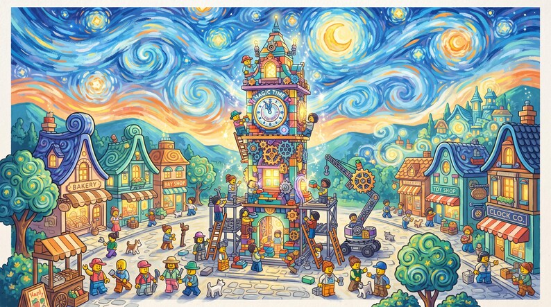 Puede incluir: Una colorida ilustraci&oacute;n de una plaza con una torre de reloj central con la etiqueta Magic Time, rodeada de peque&ntilde;as tiendas como una panader&iacute;a y una jugueter&iacute;a. Numerosas figuras peque&ntilde;as trabajan en andamios bajo un cielo estrellado.