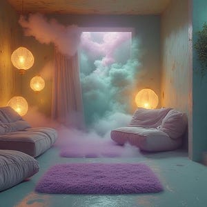 May include: A dreamy interior scene with soft lighting and a pastel color palette. The room features two low-profile sofas, a fluffy purple rug, and decorative globe lights. The open window reveals a cloudy sky.