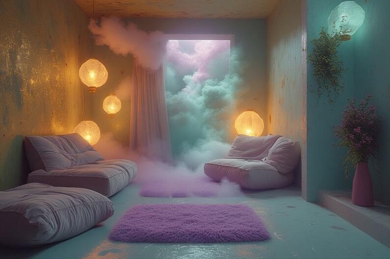 May include: A dreamy interior scene with soft lighting and a pastel color palette. The room features two low-profile sofas, a fluffy purple rug, and decorative globe lights. The open window reveals a cloudy sky.