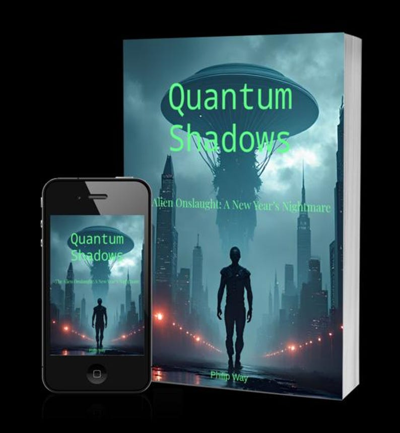 May include: A book and a smartphone display the cover art for "Quantum Shadows." The cover features a futuristic cityscape with a silhouetted figure and a large, hovering alien craft. The book's title is in green, with the author's name at the bottom.