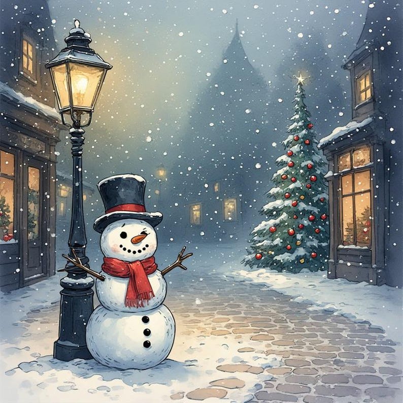 May include: Watercolor illustration of a snowman in a winter village scene. The snowman wears a black top hat, red scarf, and has twig arms. A lit lamp post and Christmas tree are also in the snowy street scene.