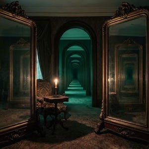 May include: Two large, ornate, floor-standing mirrors with dark wood frames are positioned facing each other, creating an infinite tunnel effect. Between them sits a small wooden table with a single lit candle, reflecting into the mirrors.